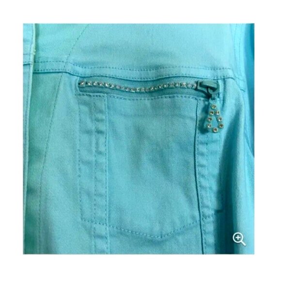 Quacker Factory Denim Jacket Size L Fringe Hem Rhinestone Zippers Jewel Buttons - Picture 4 of 11